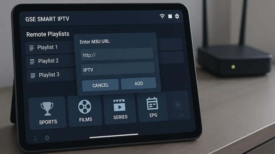 GSE Smart IPTV setup on iOS/Android showing M3U URL entry, playlists and EPG menu
