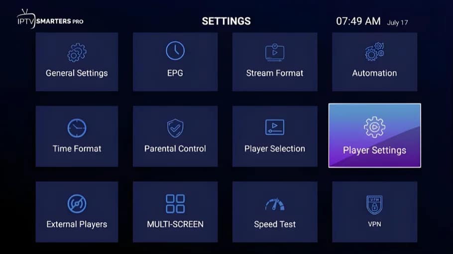 IPTV Smarters Player settings screen showing EPG, player settings, multi-screen, and VPN options