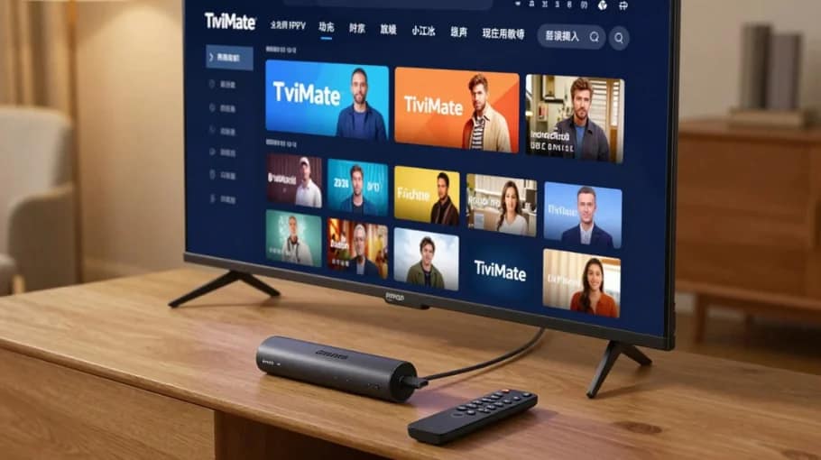 TiviMate IPTV Player setup on Android TV with EPG guide interface displayed on a smart TV