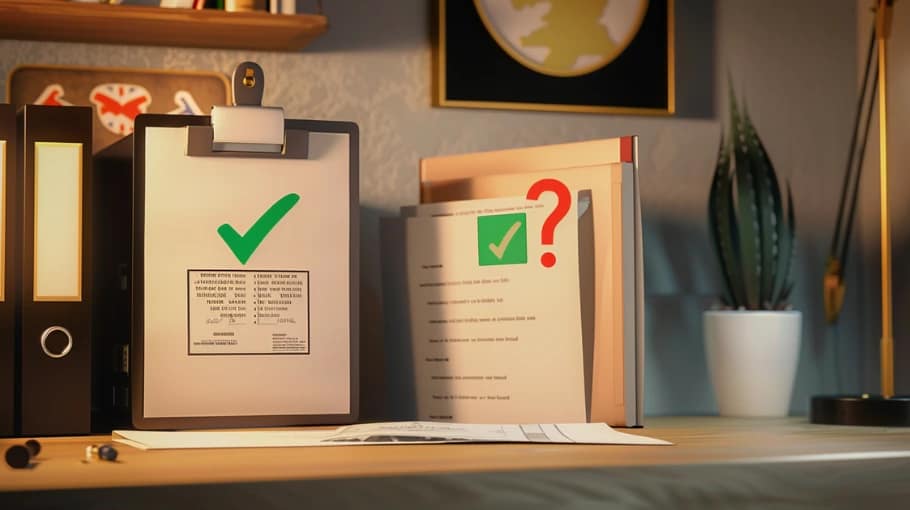 Is IPTV legal in UK? Licensed IPTV document checklist with approval and question icons on a desk.