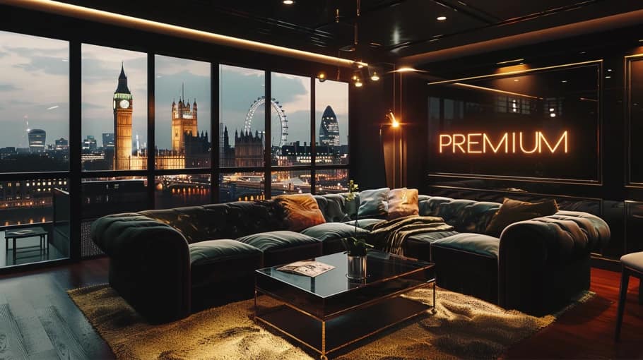 Best IPTV UK provider premium London penthouse living room with London skyline and “PREMIUM” sign.