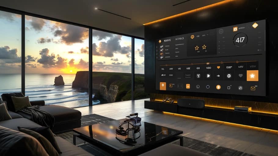 IPTV Providers in UK comparison dashboard showing stability, EPG, 4K and support in a luxury coastal penthouse living room