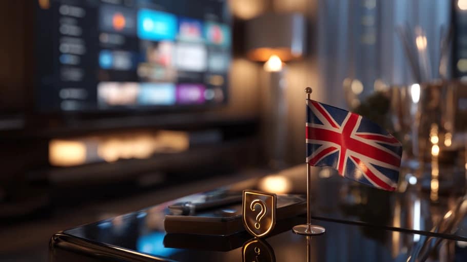 United Kingdom IPTV trust and safety visual showing a UK flag and a security shield emblem.