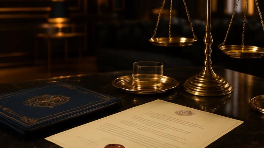 Legal IPTV Providers UK concept with scales of justice and official documents on a premium desk.