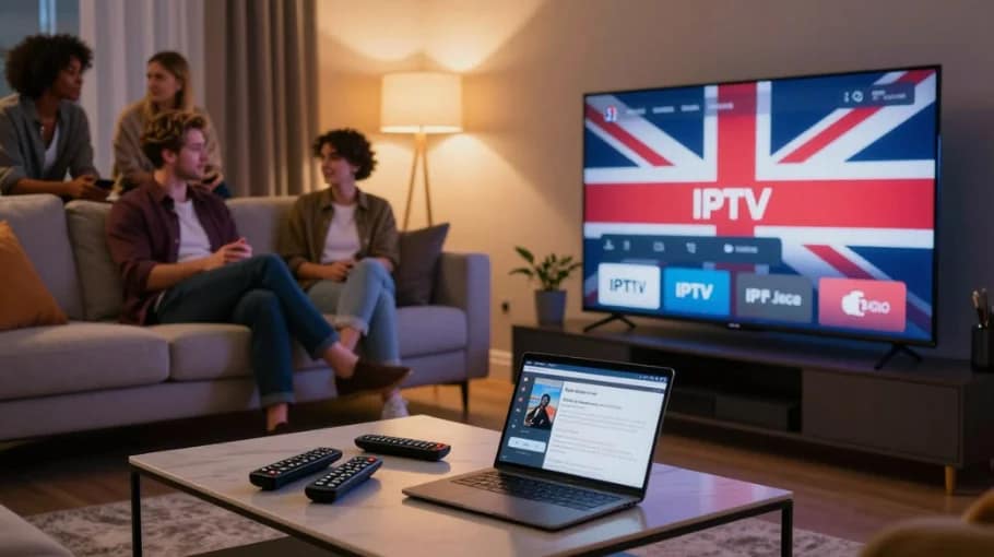 British IPTV reliability checklist image showing UK IPTV interface on a TV with channel tiles, EPG-style menu and a living room setup