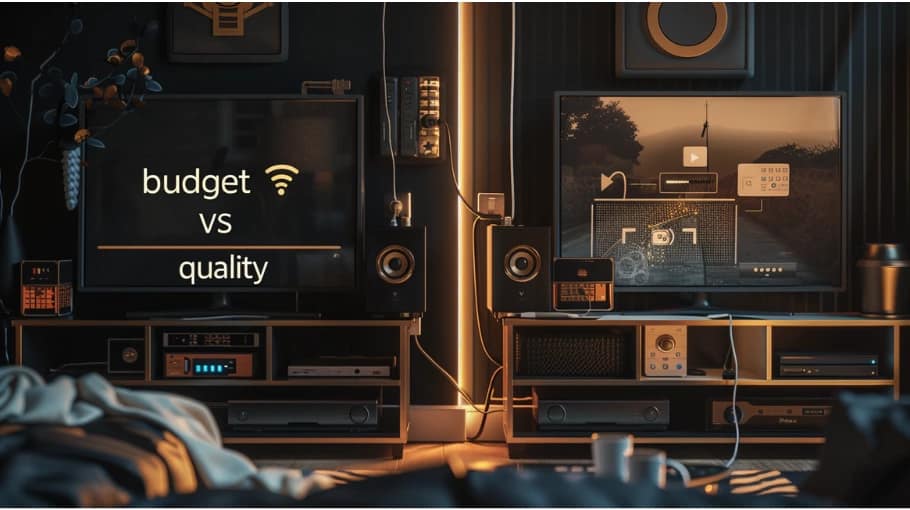 Cheapest IPTV UK budget vs quality comparison showing two TV setups with Wi-Fi and streaming performance contrast.