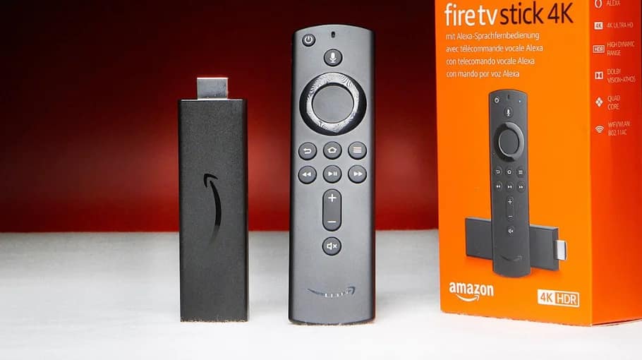 IPTV Firestick setup showing Amazon Fire TV Stick 4K, remote control and retail box.