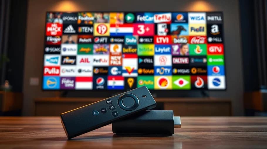 IPTV on a Firestick setup on Amazon Fire TV Stick with remote and streaming apps on TV