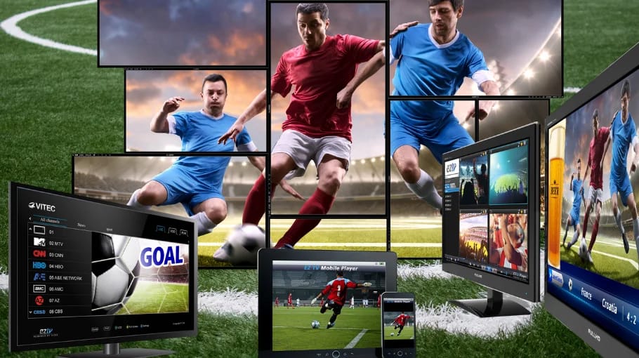 IPTV Sports stability checklist image showing live football streaming across multiple screens with low-latency playback and smooth 50fps motion